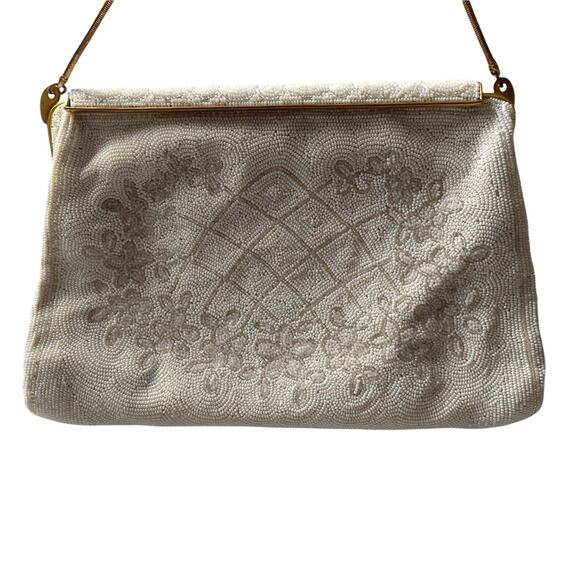 Vintage 1950s Handmade Beaded Bag White Floral Gold Hardware Bridal Wedding EUC - Picture 15 of 16